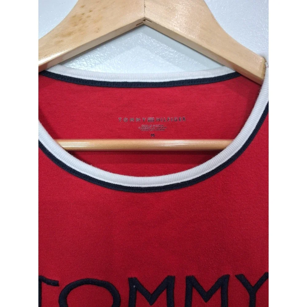 Tommy Hilfiger Y2K Womens Red Embroidered Logo Ringer T-Shirt‎ Med Short Sleeve